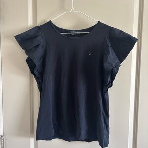 Tommy Hilfiger Blue Flutter Sleeve Ruffled T-Shirt